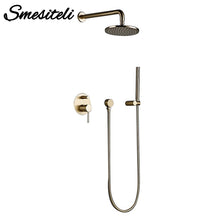 Load image into Gallery viewer, Shower System Wall Mount Bathroom Set Bath Faucet Brass Diverter Mixer Tap Brushed Gold With RainFall Head And Hand Held 8-12"