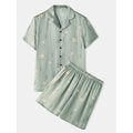 Men Funny Star Print Revere Collar Short Sleeve Home Silk Sleepwear Pajamas Set