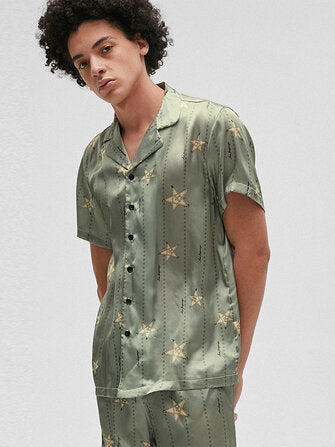 Men Funny Star Print Revere Collar Short Sleeve Home Silk Sleepwear Pajamas Set