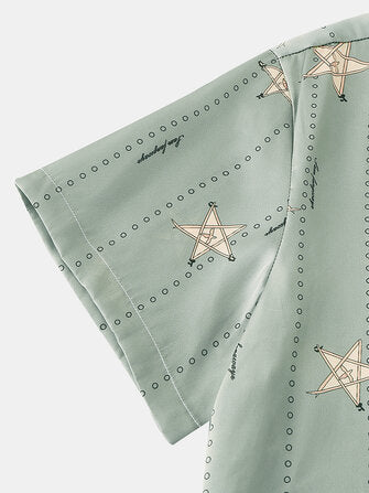 Men Funny Star Print Revere Collar Short Sleeve Home Silk Sleepwear Pajamas Set