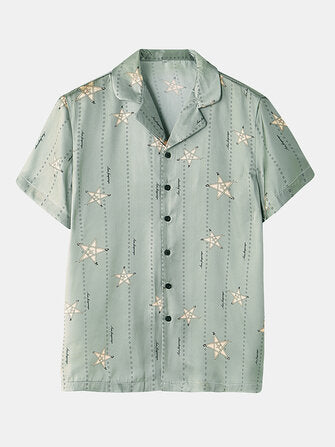 Men Funny Star Print Revere Collar Short Sleeve Home Silk Sleepwear Pajamas Set