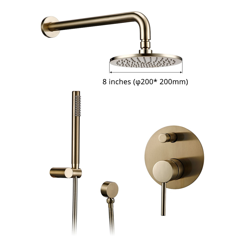 Shower System Wall Mount Bathroom Set Bath Faucet Brass Diverter Mixer Tap Brushed Gold With RainFall Head And Hand Held 8-12